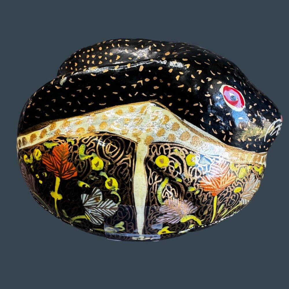 Sudha Style Hand Painted Papier Mache Rabbit Trinket Box Black Floral 4"